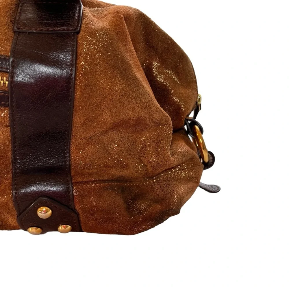MARCIANO Metallic Brown Kid Skin and Leather Satchel Shoulder Bag Purse PreOwned - Picture 4 of 10